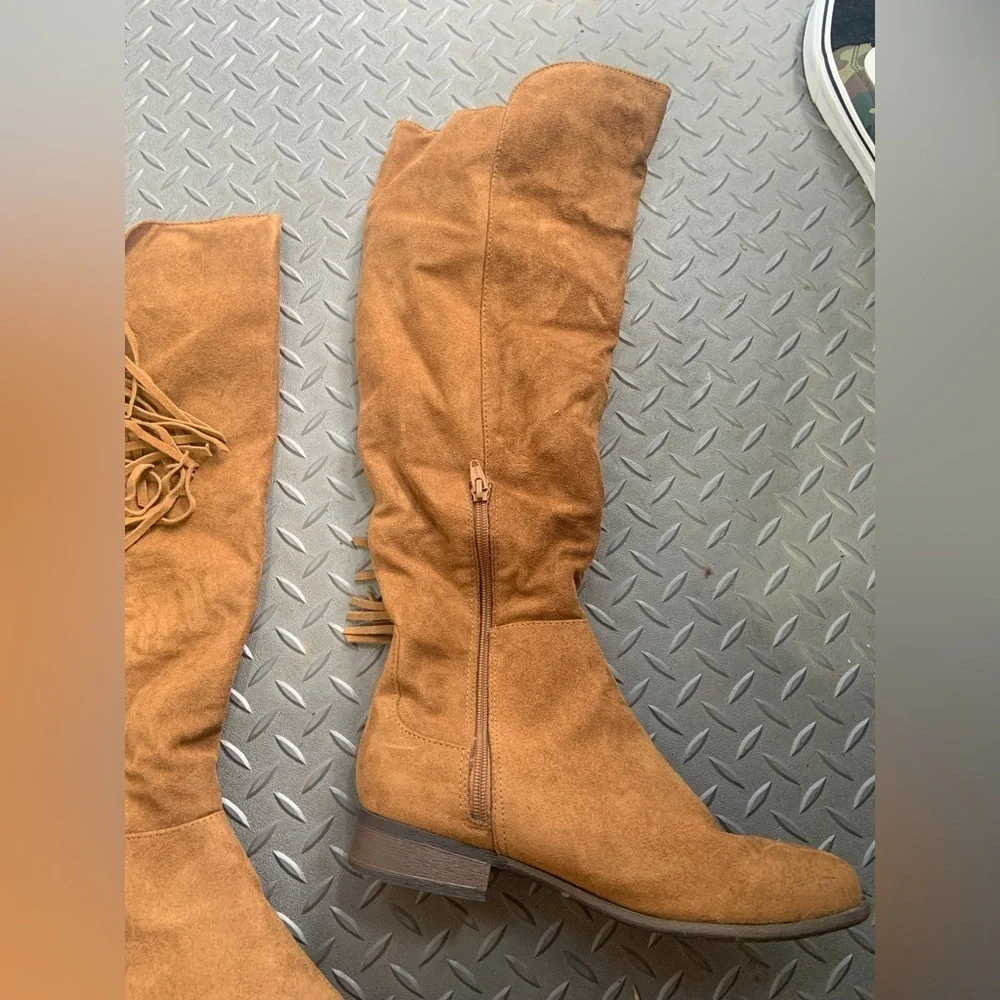 Tan Suede Knee High Fringe Boots mossimo casual classic fall 8 $60 boho